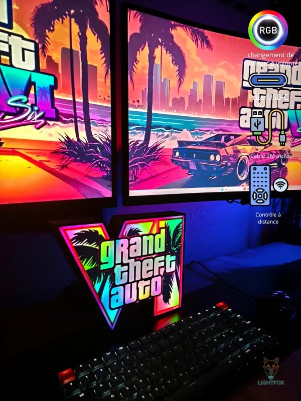 Lampe LED 3D GTA VI — Décoration Gaming RGB | Lightfox